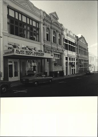 Angled front elevation of building facades