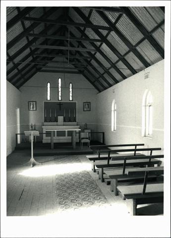Interior view of church showing ceiling beams